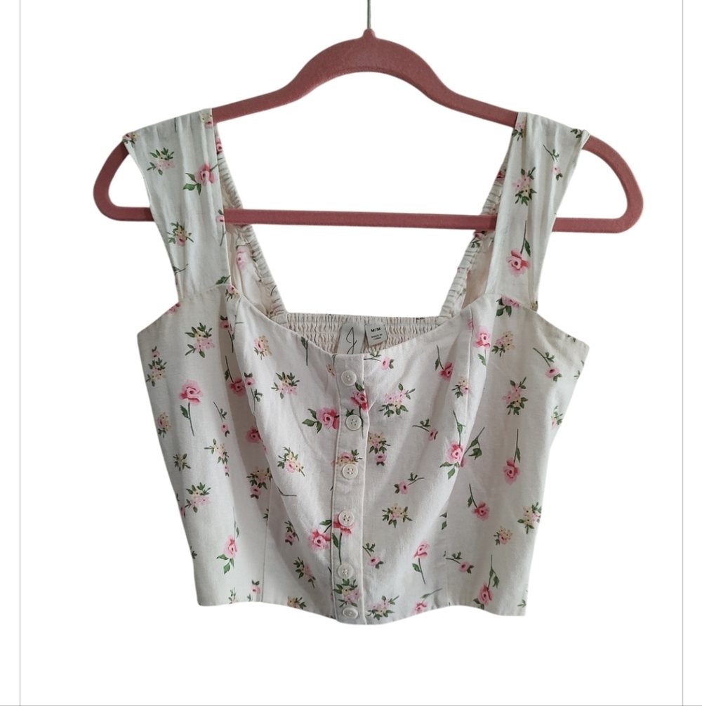 Joie Cream Floral Back Ruching Crop Top